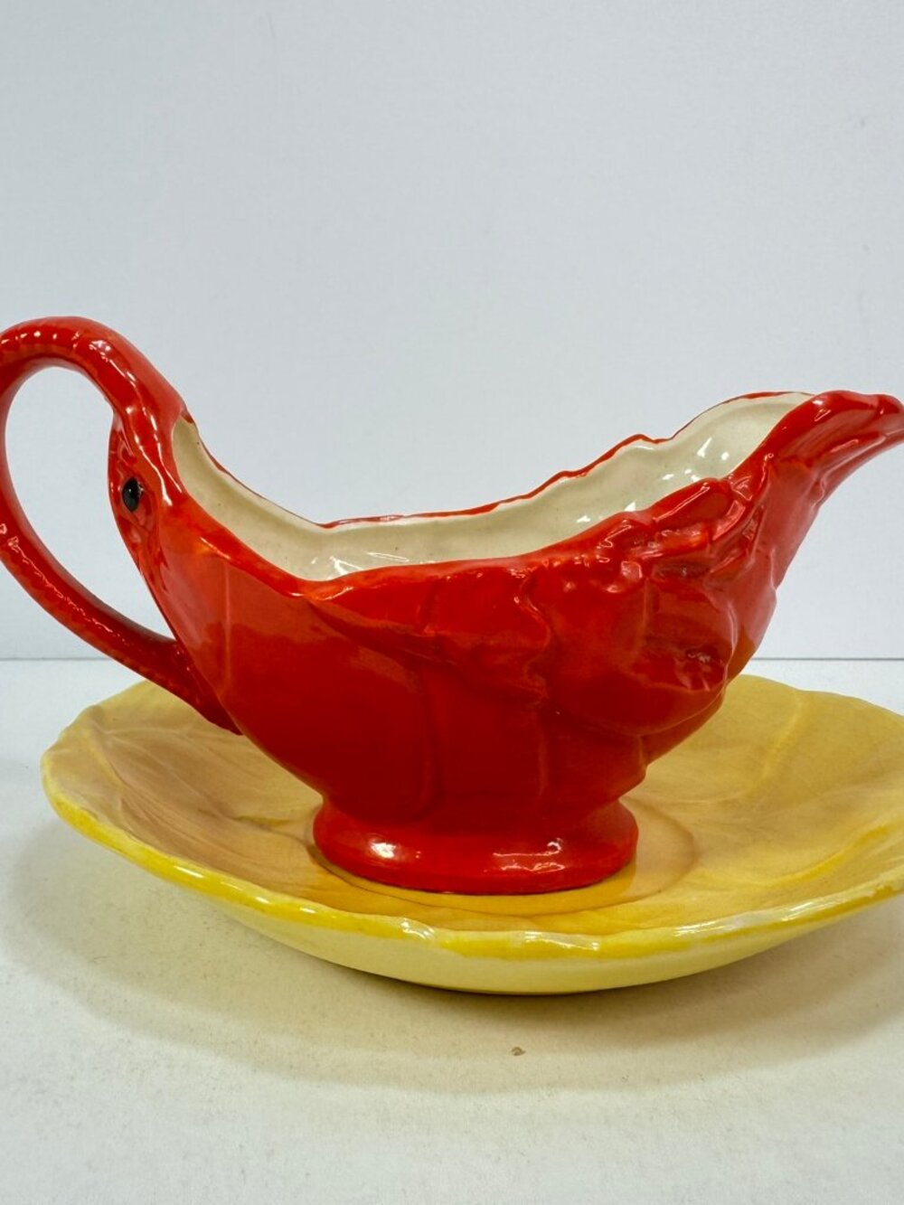 Vintage Maruhon Ware Lobster Ceramic Gravy Boat w/ Saucer Japan